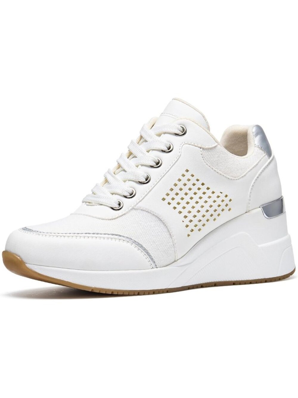 Women's White Lightweight Lace-Up Wedge Chunky Platform Design Walking Sneakers